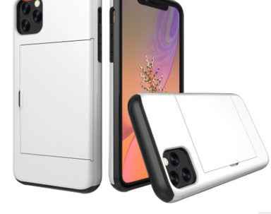White phone card case with flip front card holder on a phone