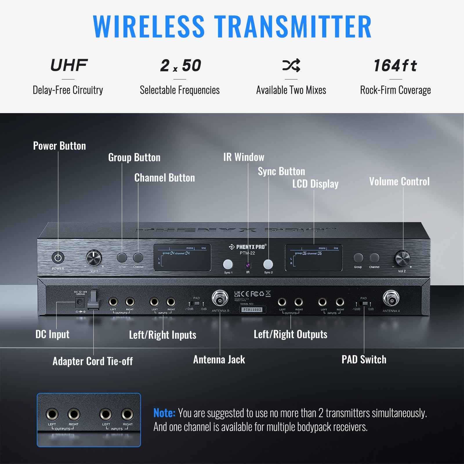 Phenyx Pro UHF wireless transmitter front panel with LCD display and input/output ports