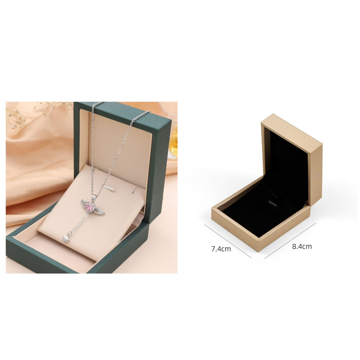 Silver angel-wing charm necklace in green gift box; beige box open view
