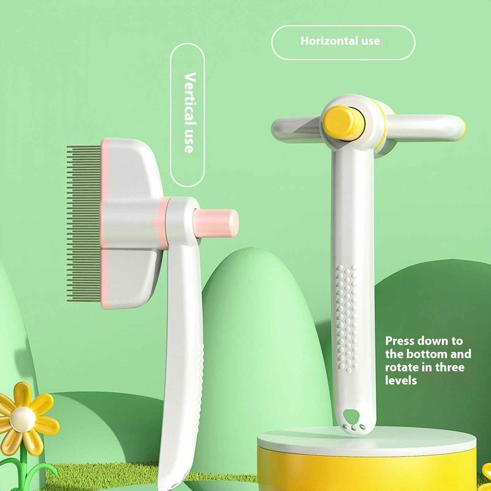 Pet grooming comb brush, white handle with yellow and pink rotating head, vertical use