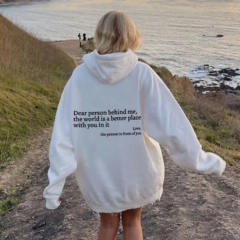 White plush letter-print kangaroo-pocket hoodie, back view with hood and kangaroo pocket