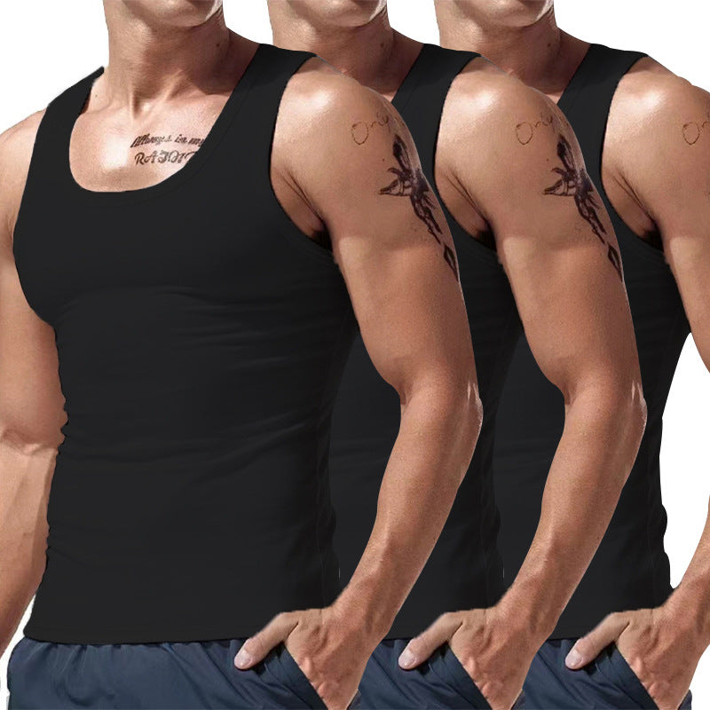 Men's three-pack sleeveless tank tops with crew neck in black, gray, and dark green