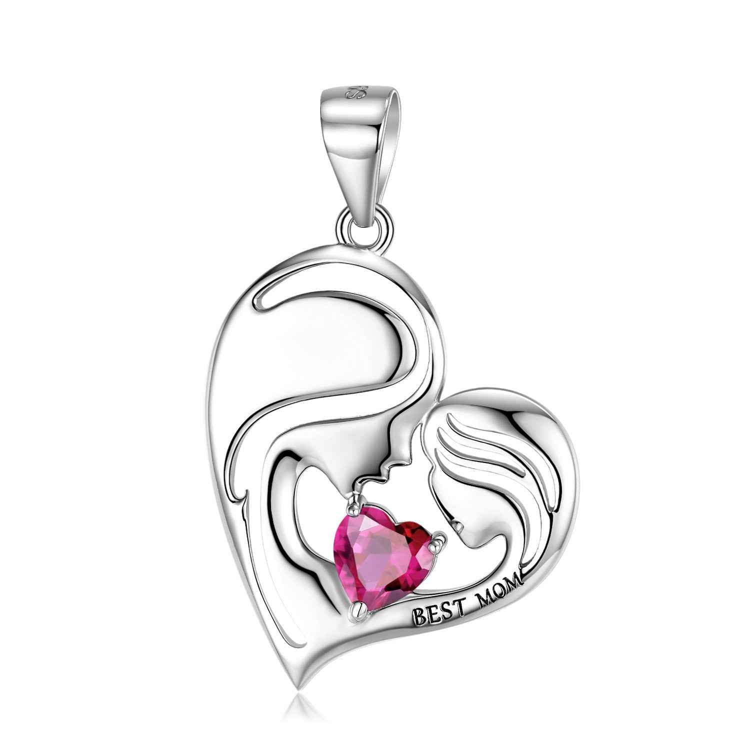 S925 sterling silver heart pendant with pink crystal and Best Mom engraving