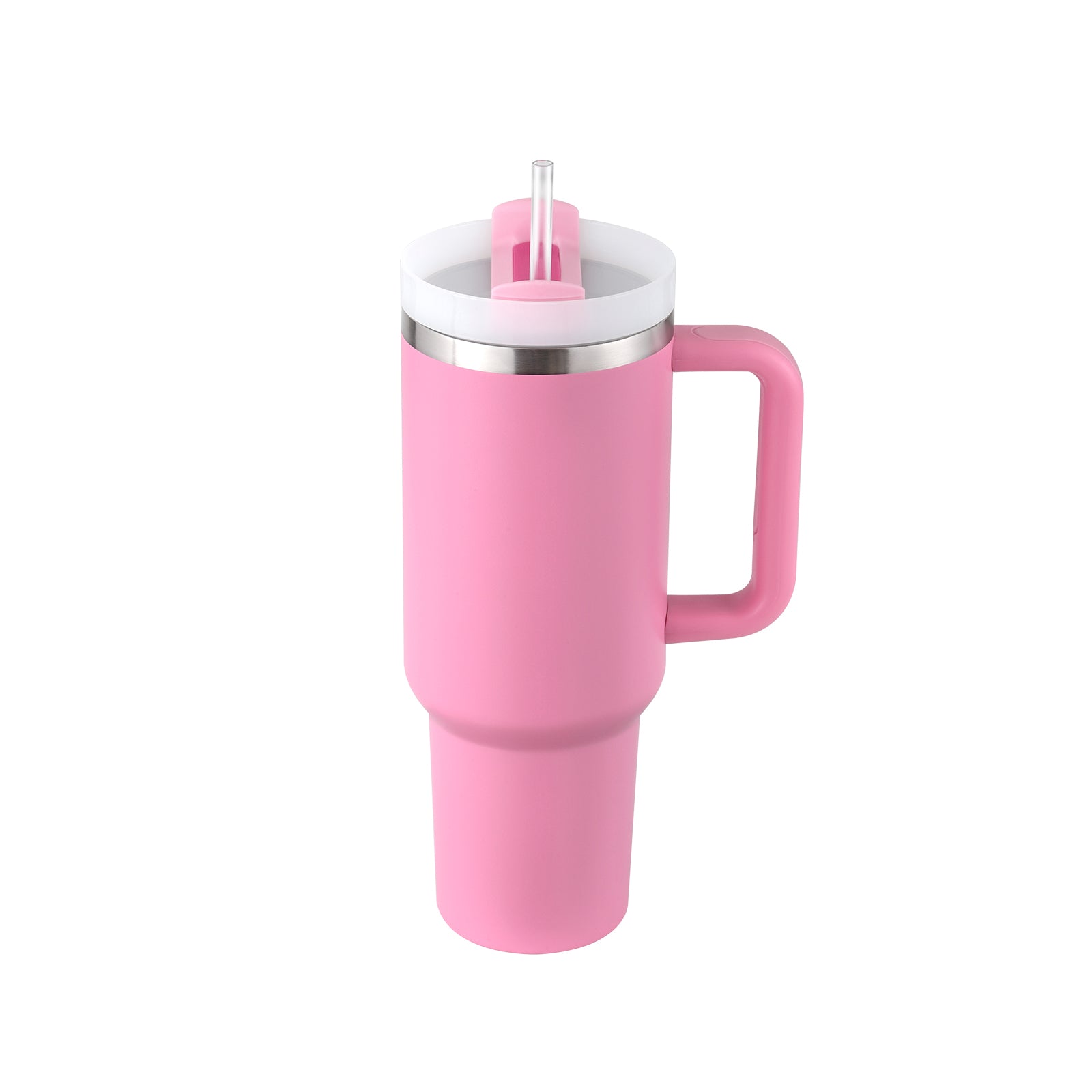 Insulated tumbler with handle, pink finish, stainless lid and clear straw