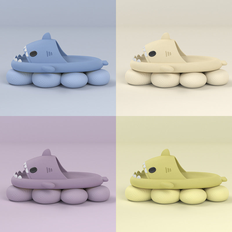 Cartoon shark slippers pair in blue, padded sole and cartoon smile teeth