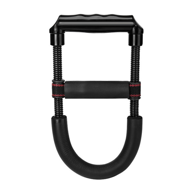 Black U-shaped wrist and forearm hand grip trainer with adjustable spring tension.