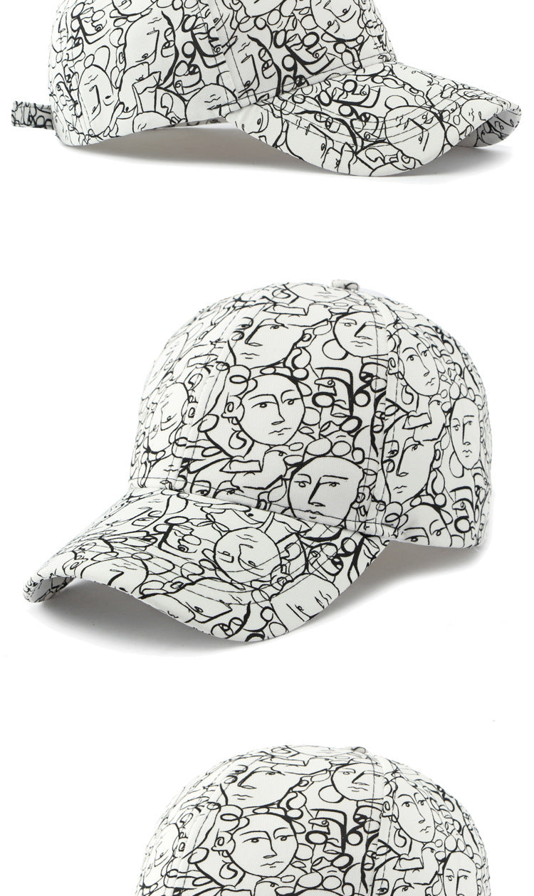 Beige retro peaked cap with black face graffiti line pattern and curved brim