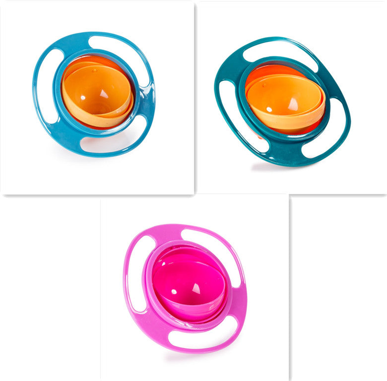 Rotating spill-proof bowl dish set: blue and pink bowls with side handles