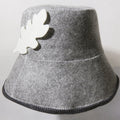 Gray wool bucket hat with white leaf applique and dark contrast edge stitching