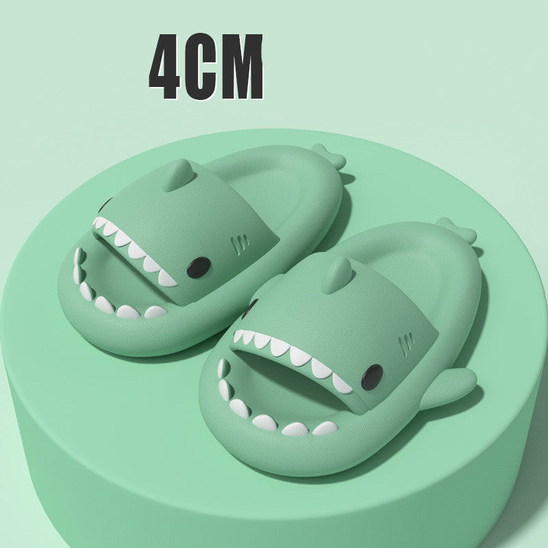 Cartoon shark slippers, soft mint green slide-on sandals with white teeth and fin details