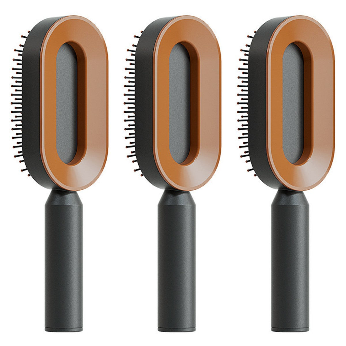 Self-cleaning hair brush set with oval tan cleaning heads and black handles