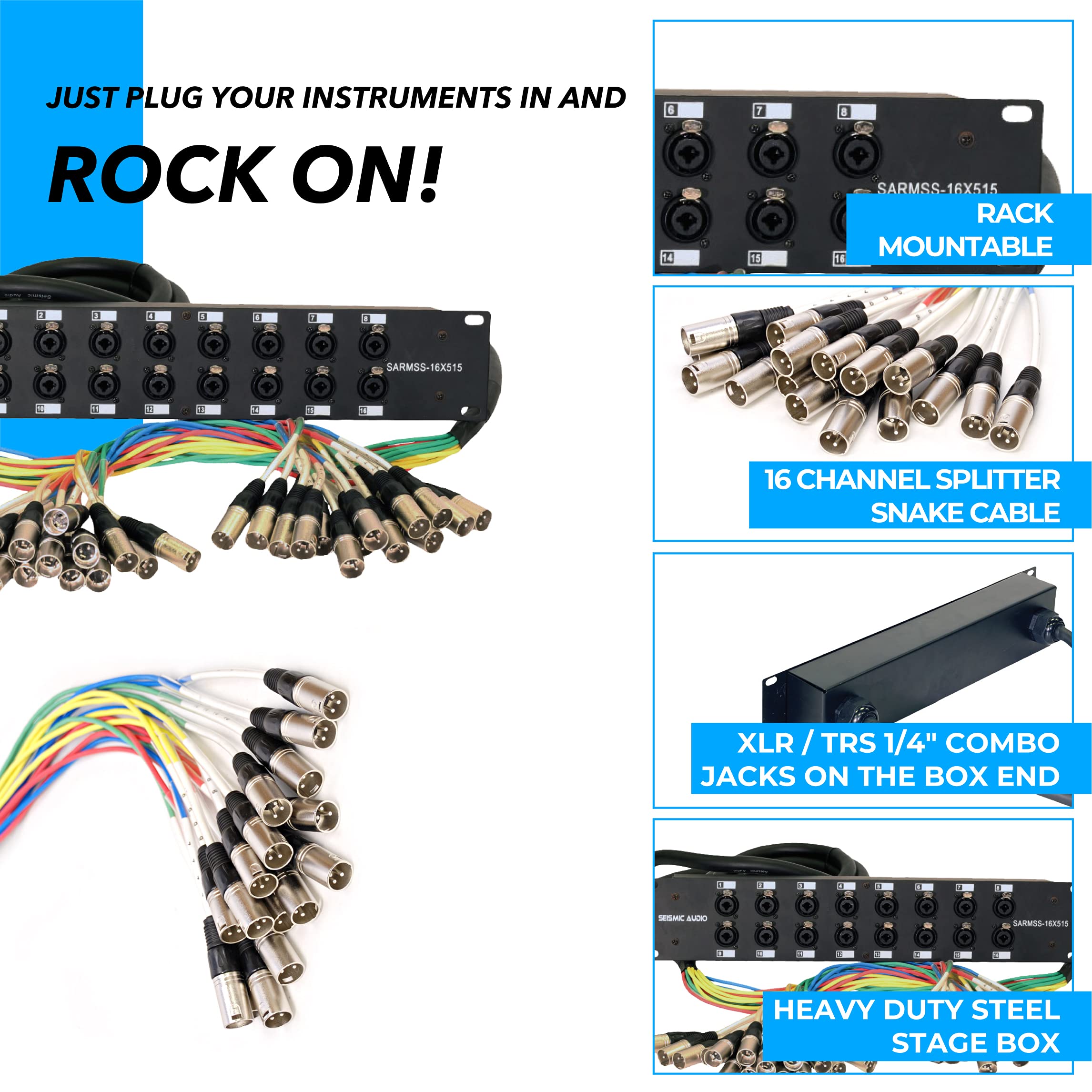Rack mount 16-channel XLR/TRS splitter snake cable kit with combo jacks and trunk cables