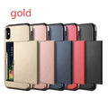 Gold-tone phone card cases with flip front card holders, shown side by side