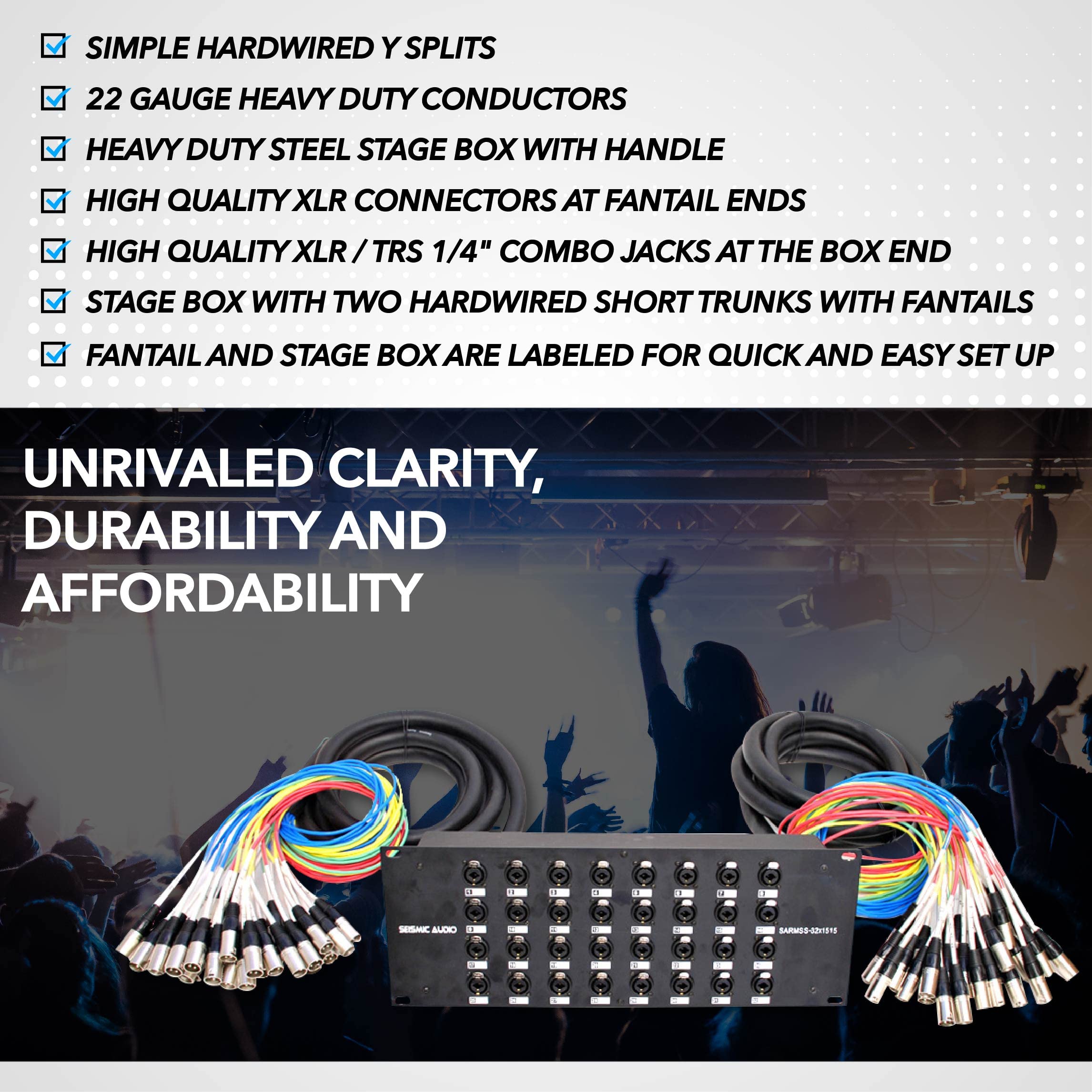 Audio splitter snake cable with black splitter box and multicolor cable fanouts