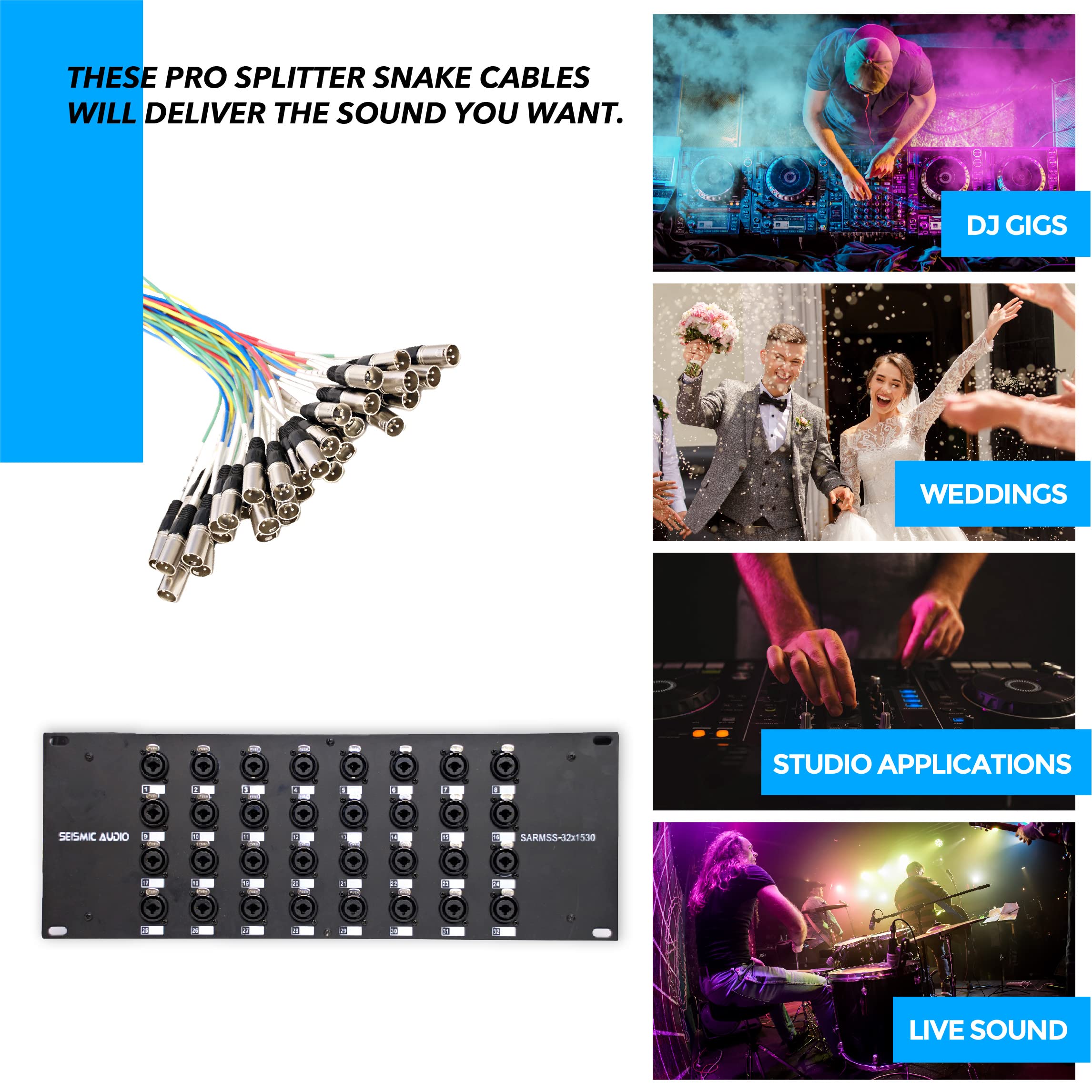 Rack-mount splitter snake front panel with multichannel XLR/TRS jacks and cable bundle.