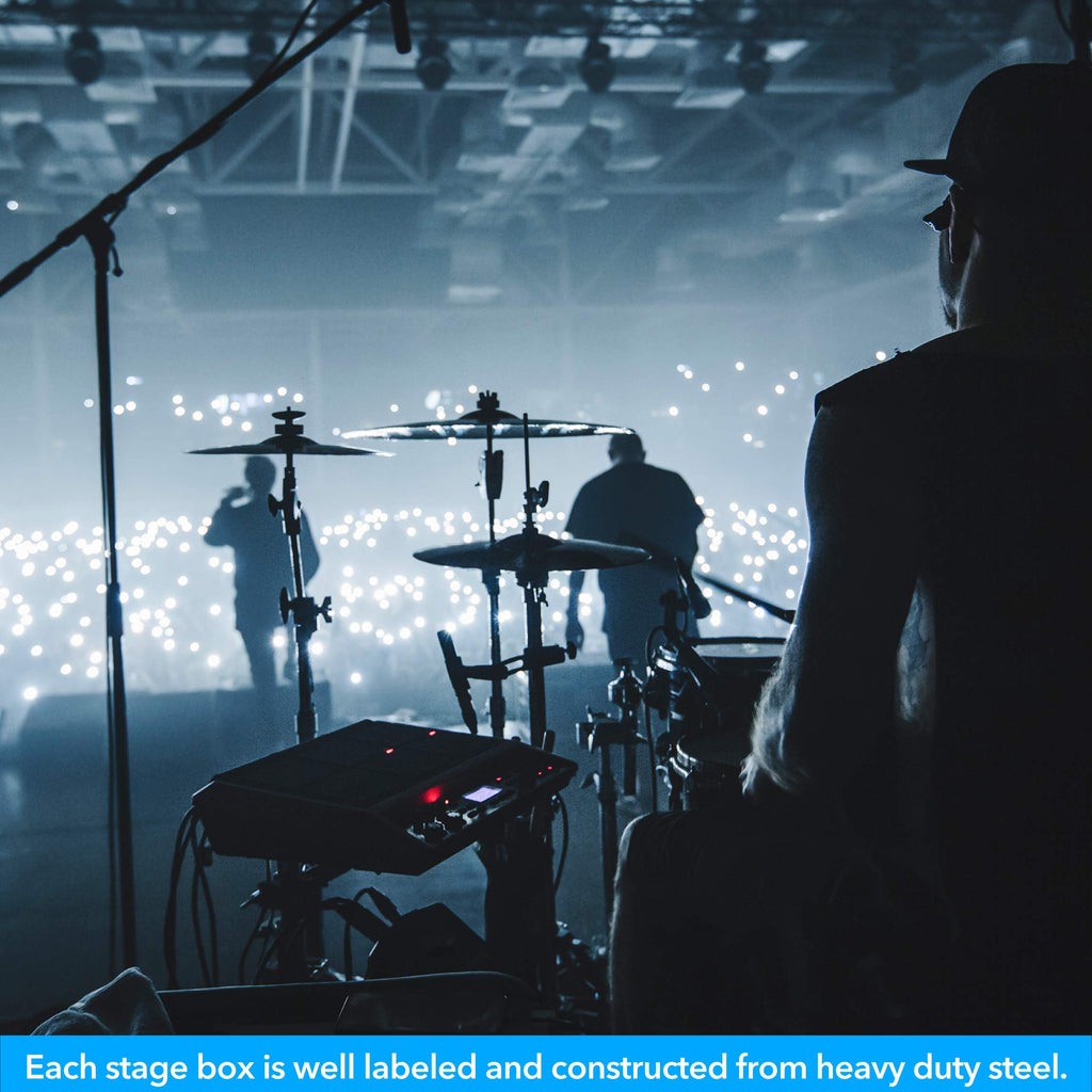 Live audio stage with connected equipment and cables