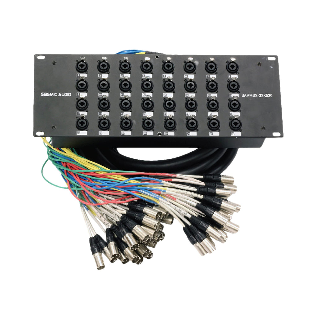 16-channel XLR/TRS combo splitter rack panel with front ports and multicolor leads