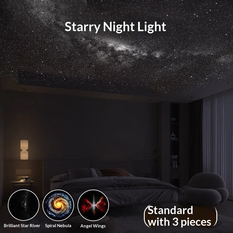Star night light setup with bedside lamp projection in a dark bedroom