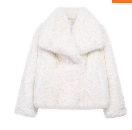 White plush faux-fur coat with notched lapels and long sleeves