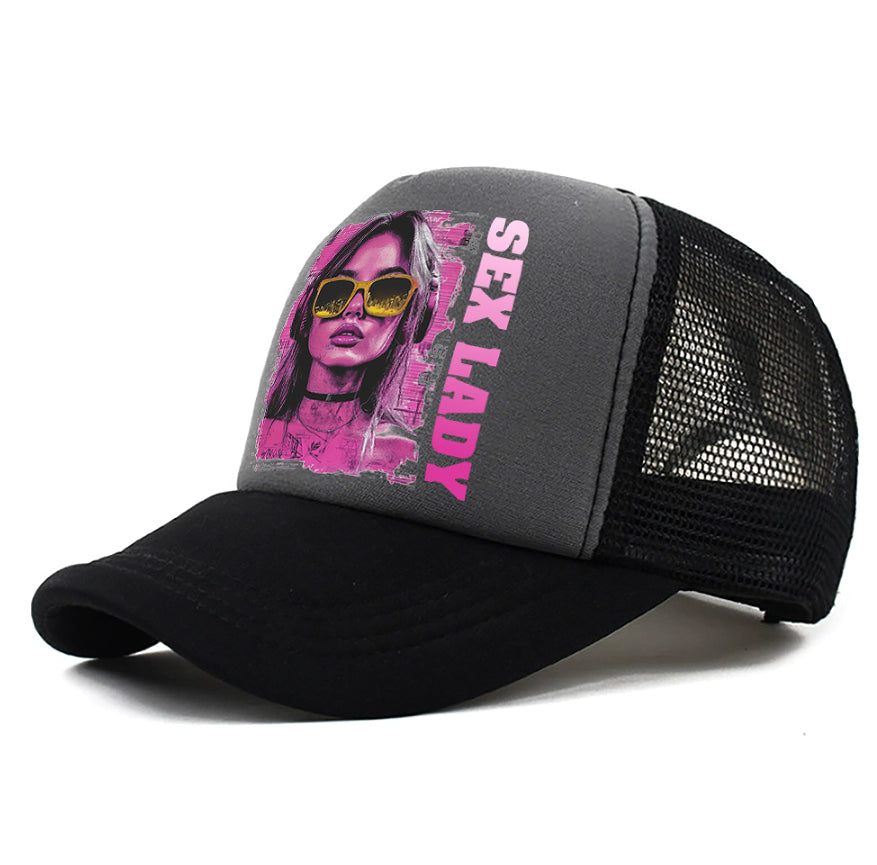 Dark gray mesh baseball cap with front photo graphic panel and curved brim