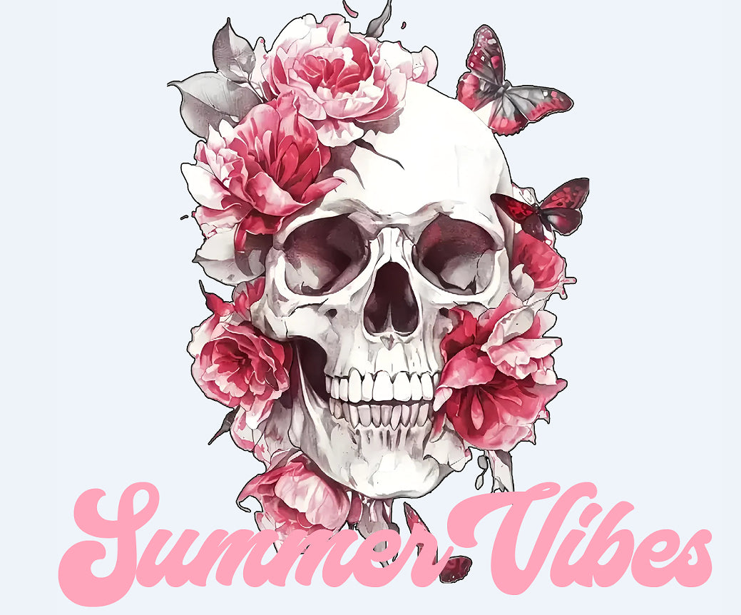 Men's casual baseball cap artwork panel with white skull, pink flowers, and butterflies