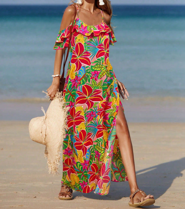Off-the-shoulder printed summer dress with ruffled neckline, colorful floral pattern