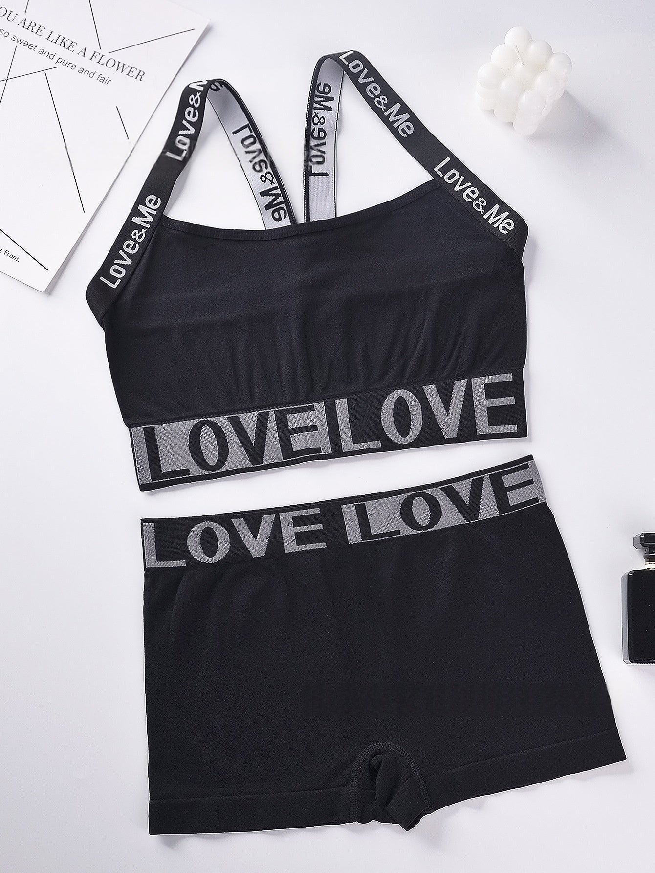Camisole bra set in black with LOVE LOVE letter band and matching shorts