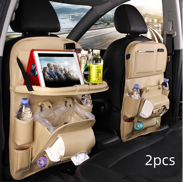 PU leather car seat back storage organizers, beige 2pcs with front pocket and bottle holders