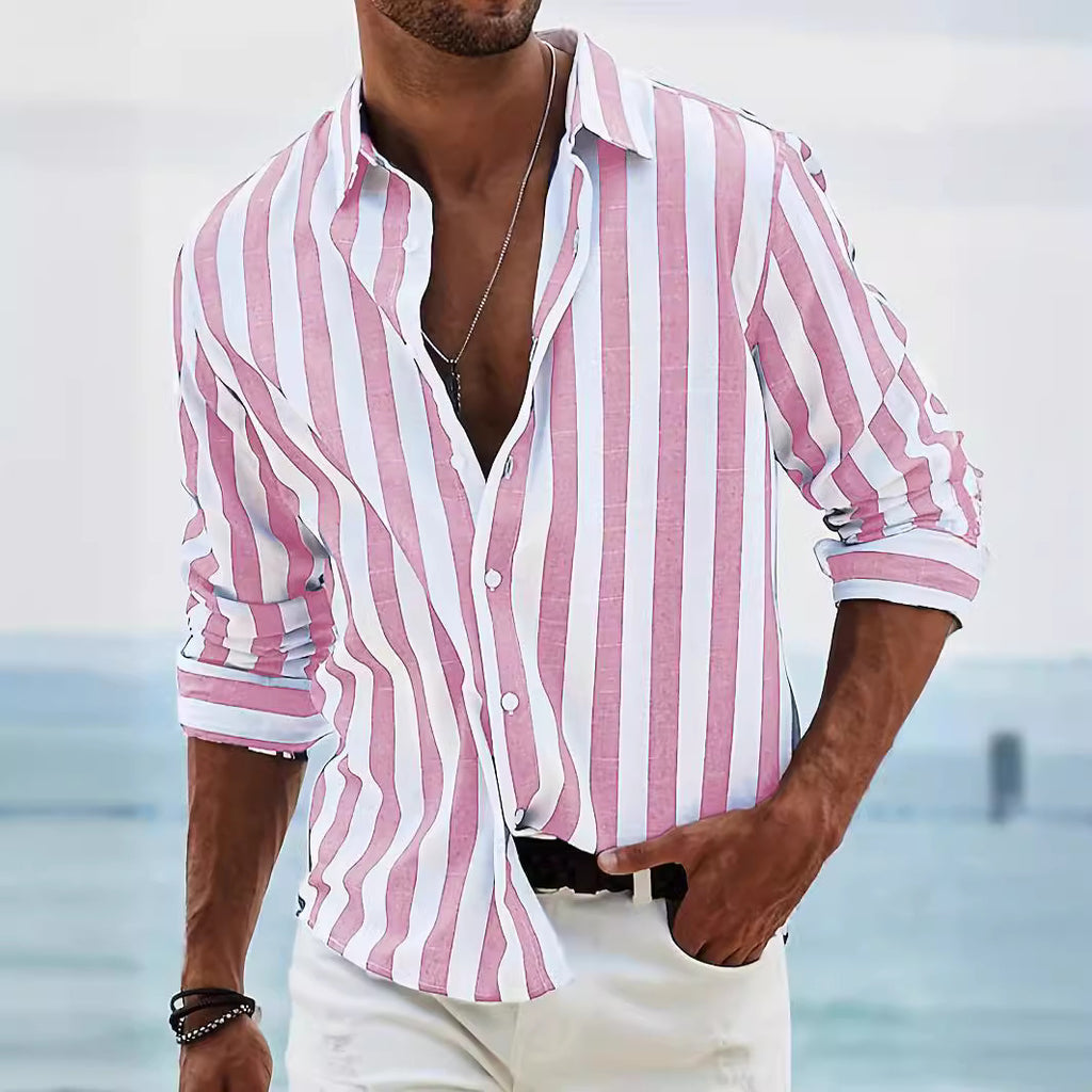 Men's striped casual shirt with pink-and-white vertical stripes, long sleeves