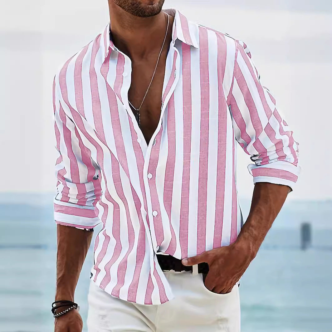 Men's striped casual shirt with pink-and-white vertical stripes, long sleeves