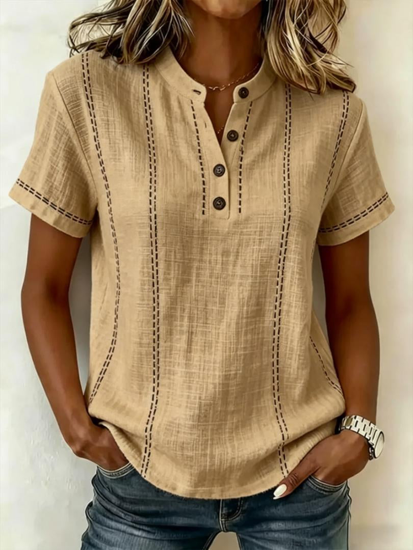 Tan striped short-sleeve shirt with V-neck, stand collar, and button placket