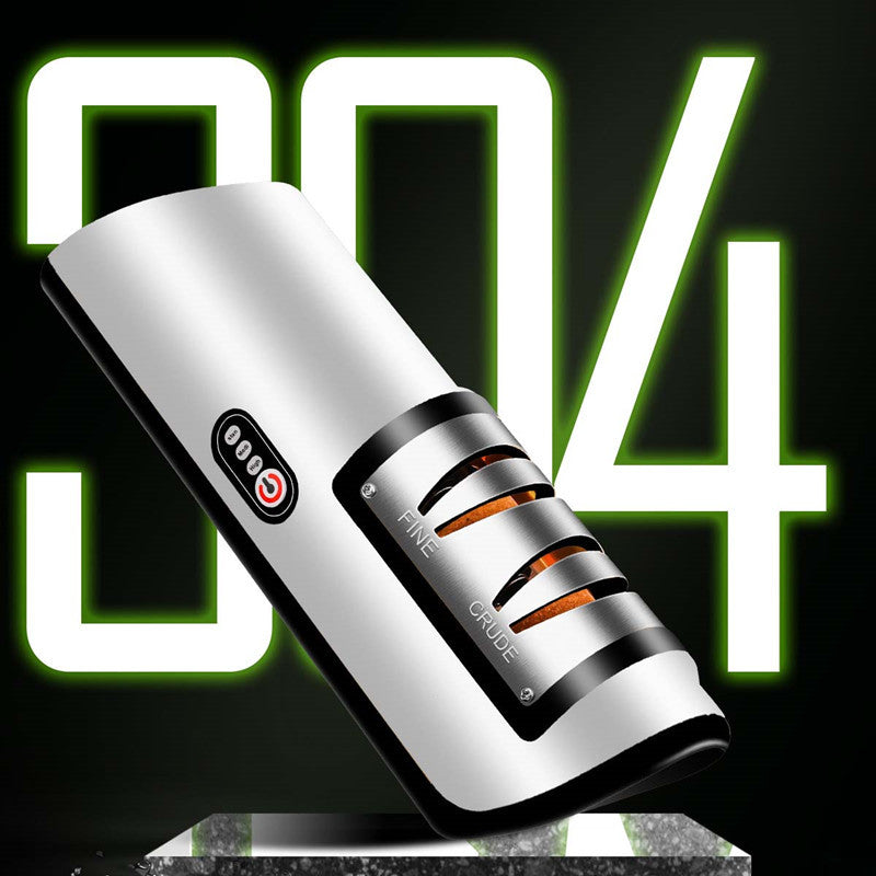 USB rechargeable electric knife sharpener with white body, black slots, orange accent indicator