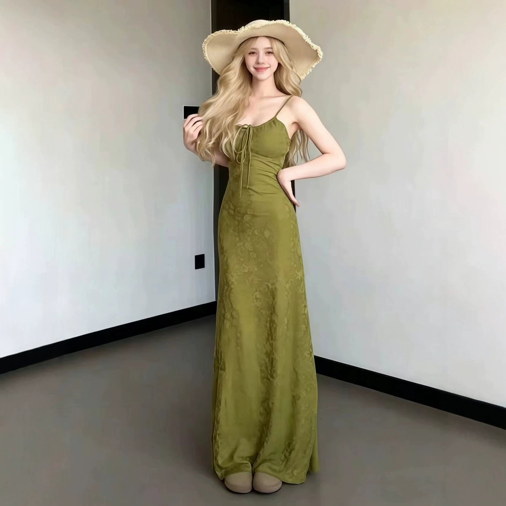 Green maxi strap dress with square neckline and built-in padded bra