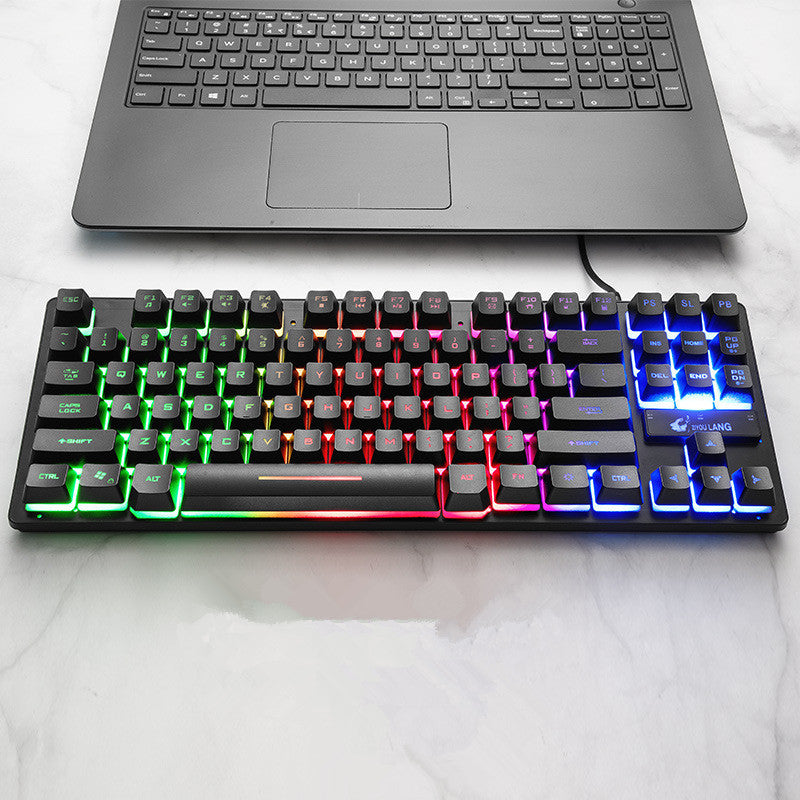 RGB mechanical keyboard with colorful lit keys and red accent bar across spacebar