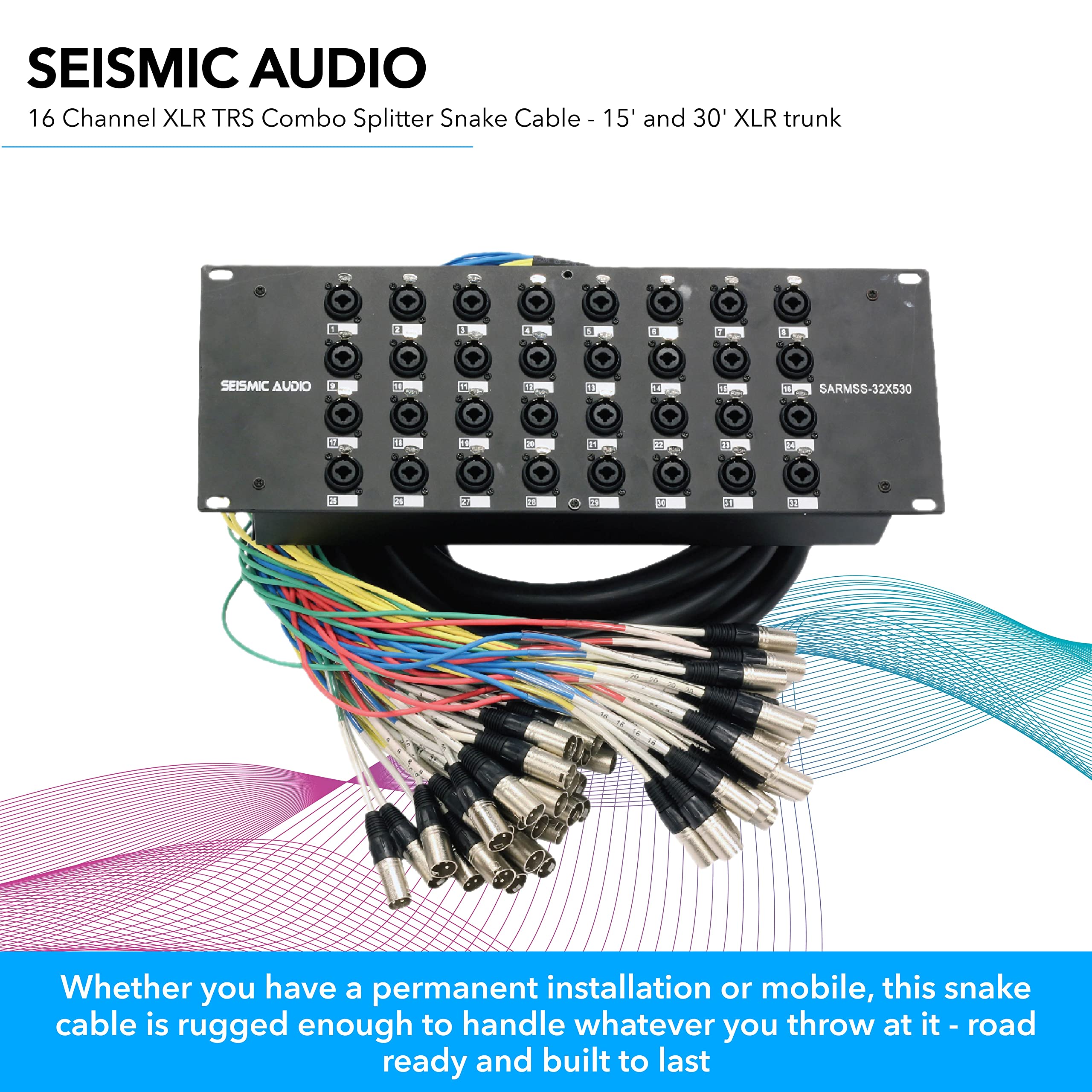 16-channel XLR/TRS splitter snake cable with black rack panel and coiled multicolor XLR trunks