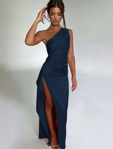 One-shoulder satin dress in dark blue with side slit and asymmetrical drape