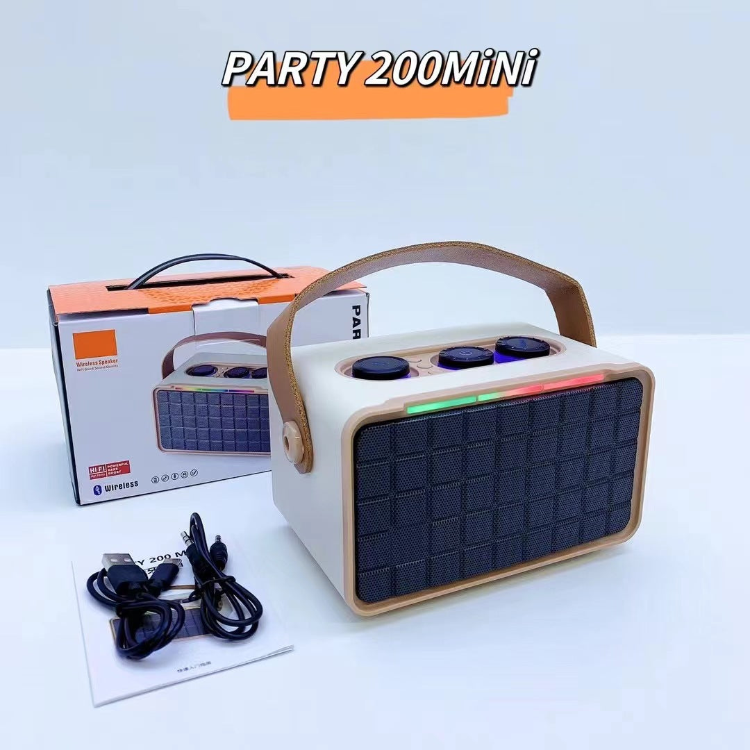 Khaki outdoor Bluetooth speaker with RGB bar, top controls, and dark grille