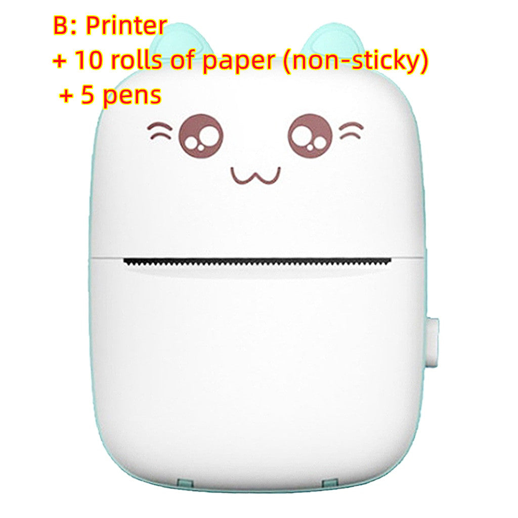 Portable mini label printer, mint green, front view with paper feed slot