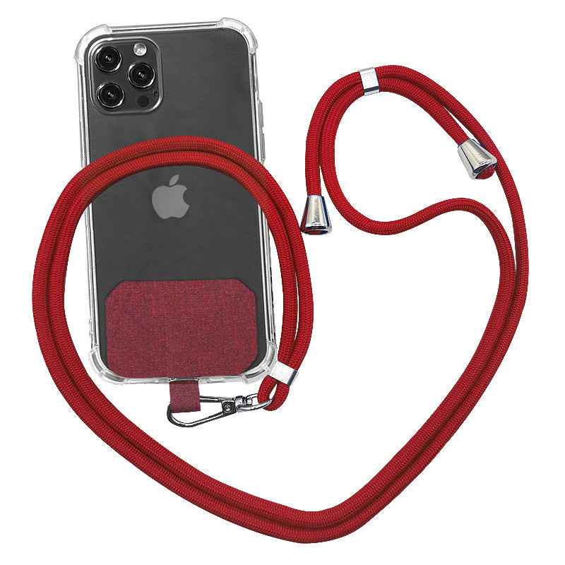 Phone lanyard strap with red rope and metal clips for holding a phone