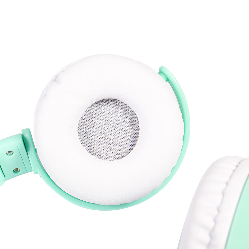 White and mint cat-ear headphones with cushioned round ear pads and mic