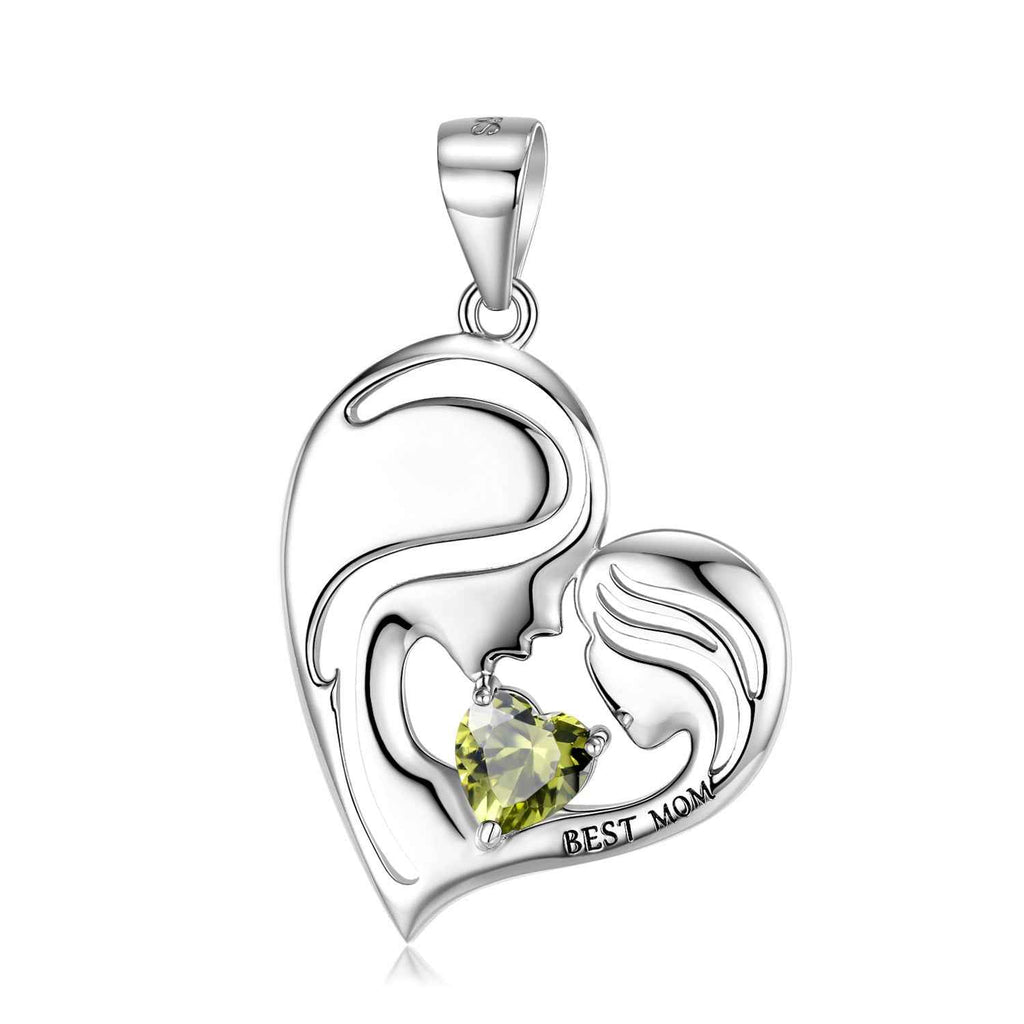 S925 sterling silver heart pendant with yellow-green crystal and Best Mom engraving