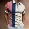 Men’s polo shirt with vertical stripes in pink, navy, and white; short sleeves, zip neck.