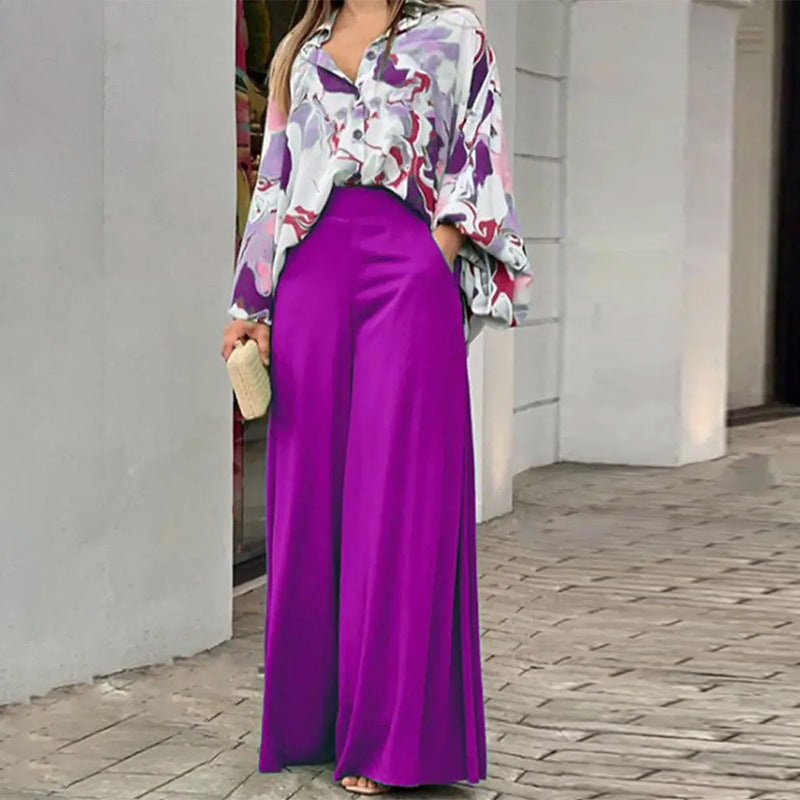 Printed shirt top and wide-leg pants set, purple wide-leg pants