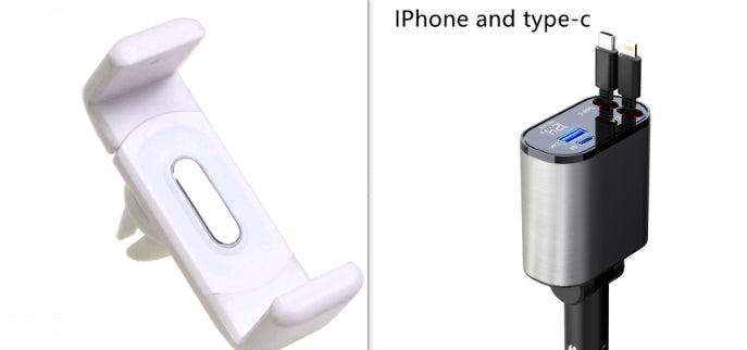 White mounting clip and silver car USB charger with dual Type-C ports