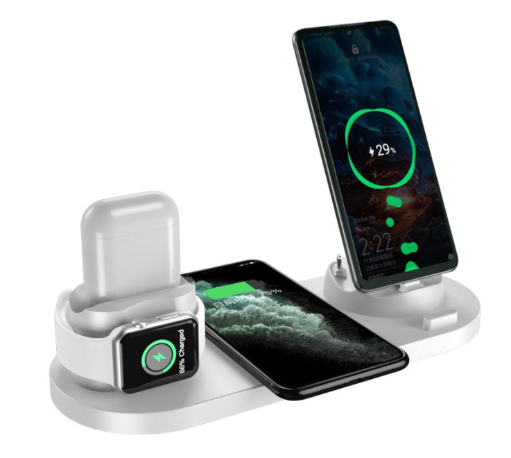 Wireless charging dock with phone and watch stands, white base and white charging pod