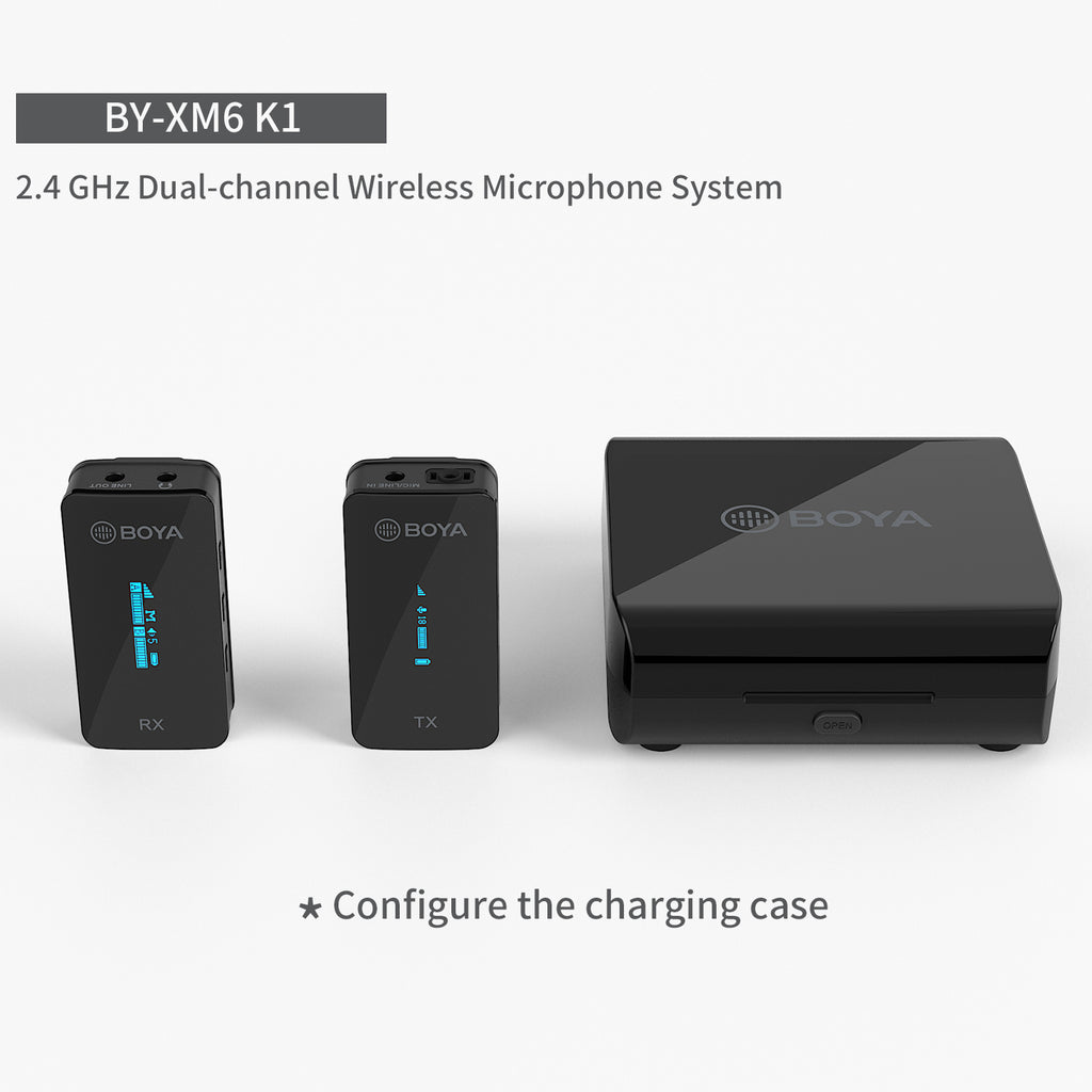 Black wireless microphone receiver and transmitter with charging case