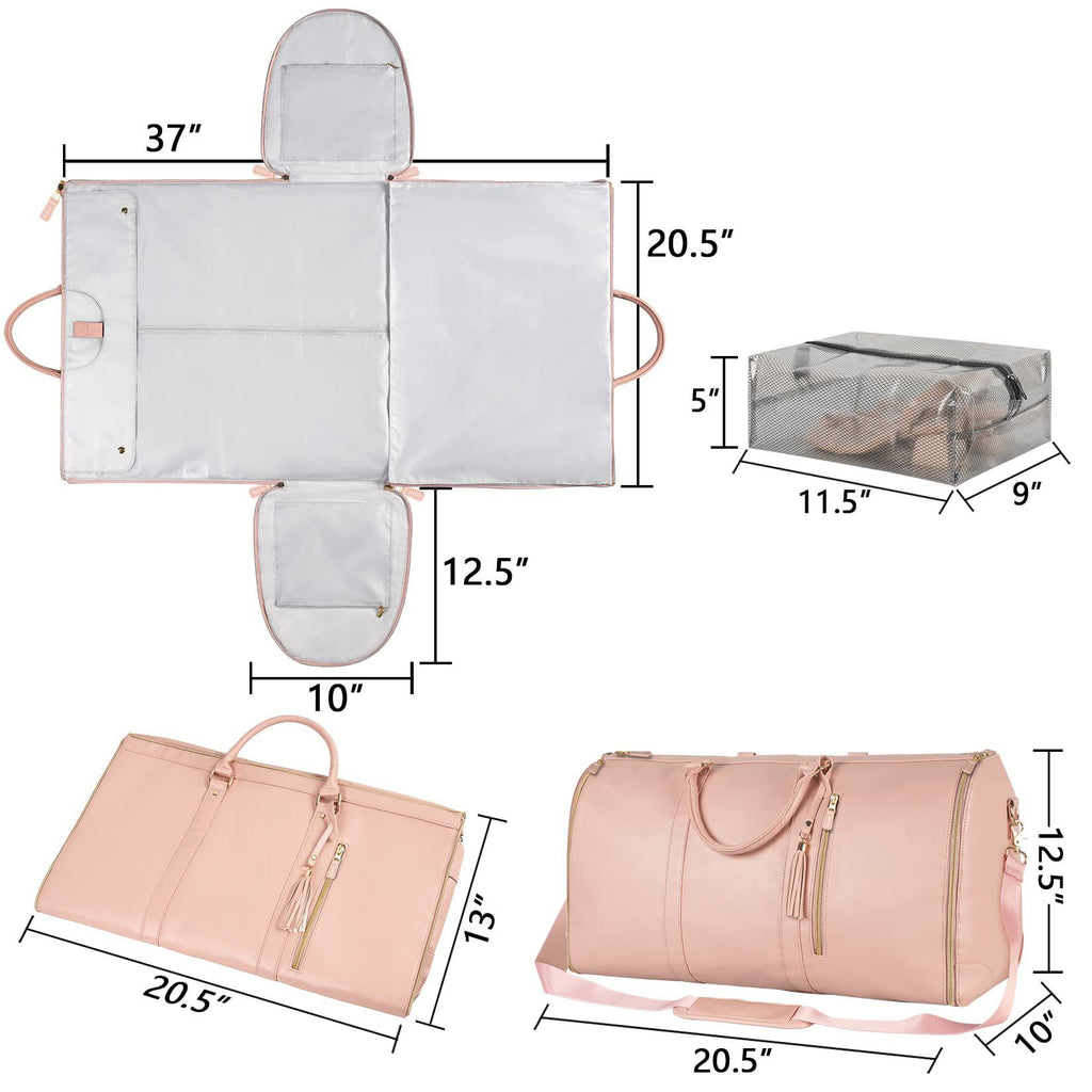 White foldable suit duffle bag with hanging pouch and transparent mesh accessory