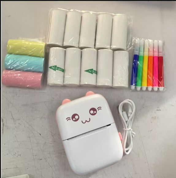 Portable mini label printer with power cable, plus multicolor paper and ink pens