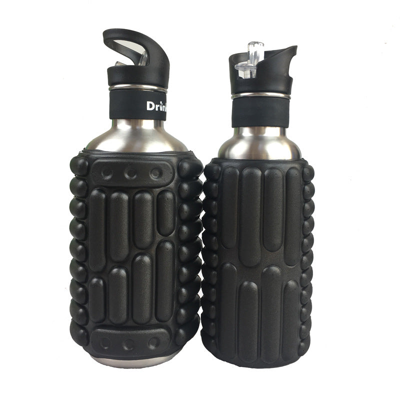Black massage water bottles with textured grips and flip spout caps (pair)