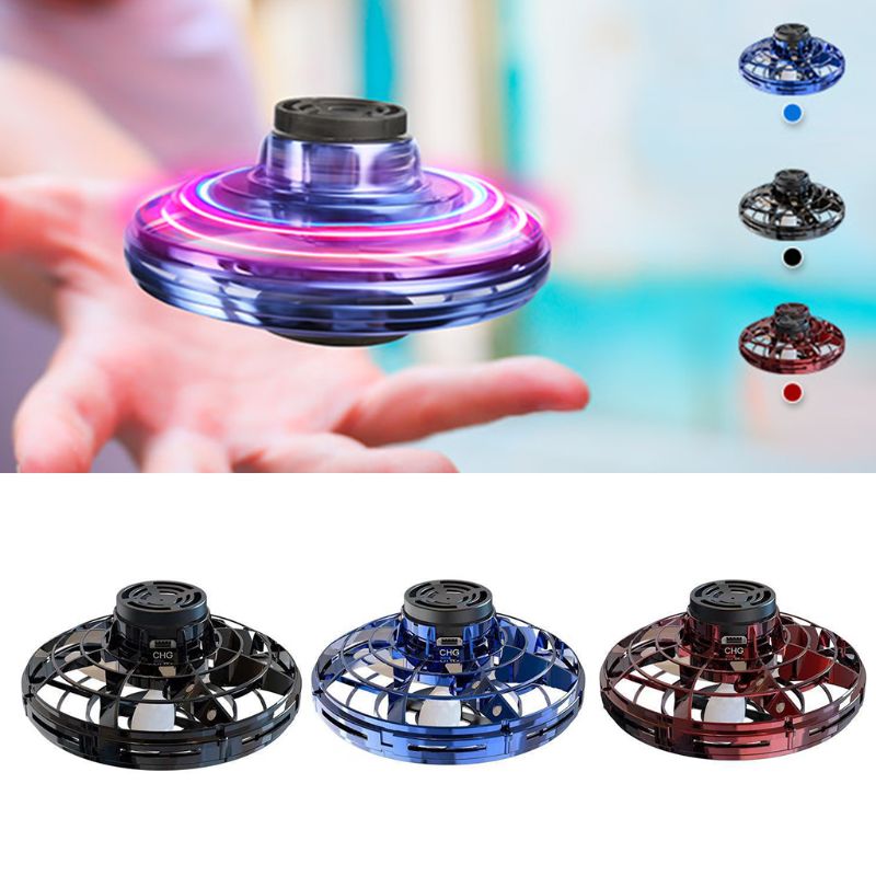 Glowing UFO spinning toy drone with purple and blue LED rings